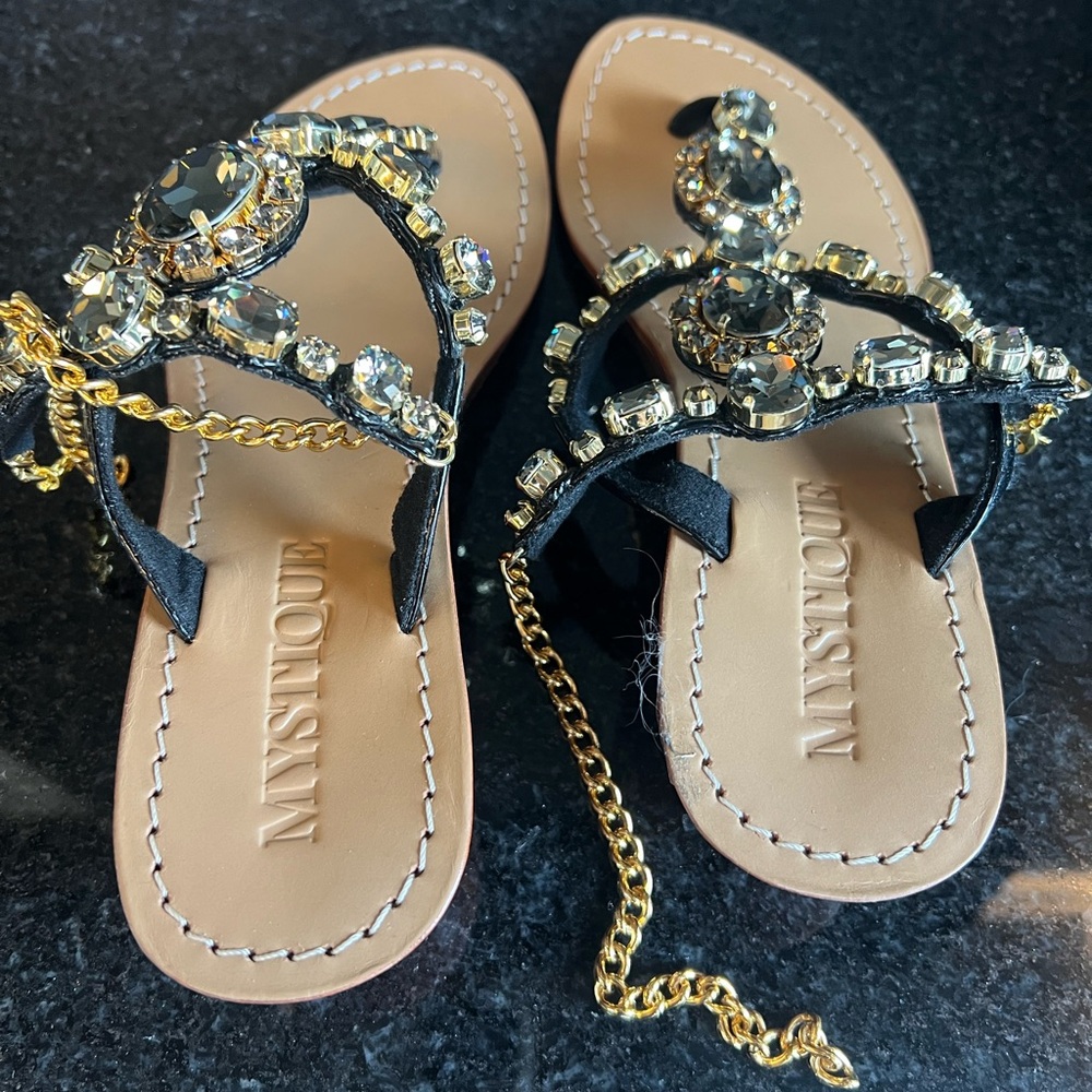 New Mystique Boutique Black and Gold Sandals with Crystal Embellishments - Picture 6 of 7